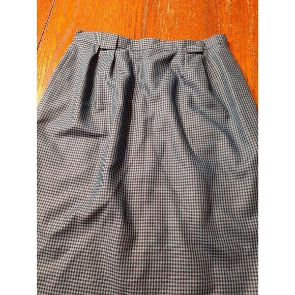 Sz 12 Liz Claiborne Collection Teal Black Check Wool Midi Skirt Lined Rear Slit - Picture 2 of 4